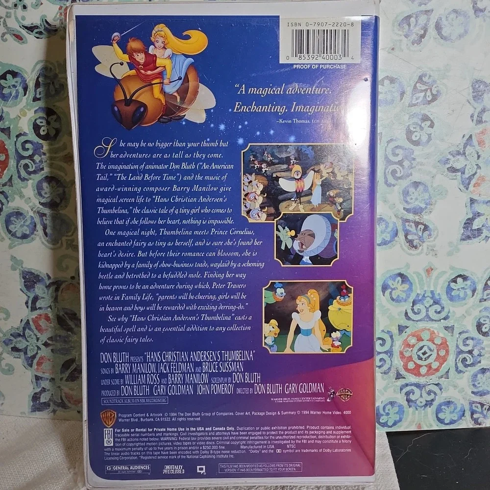 Warner Bros Thumbelina VHS Movie Kids G Blue Clamshell Don Bluth 1994 Vintage
